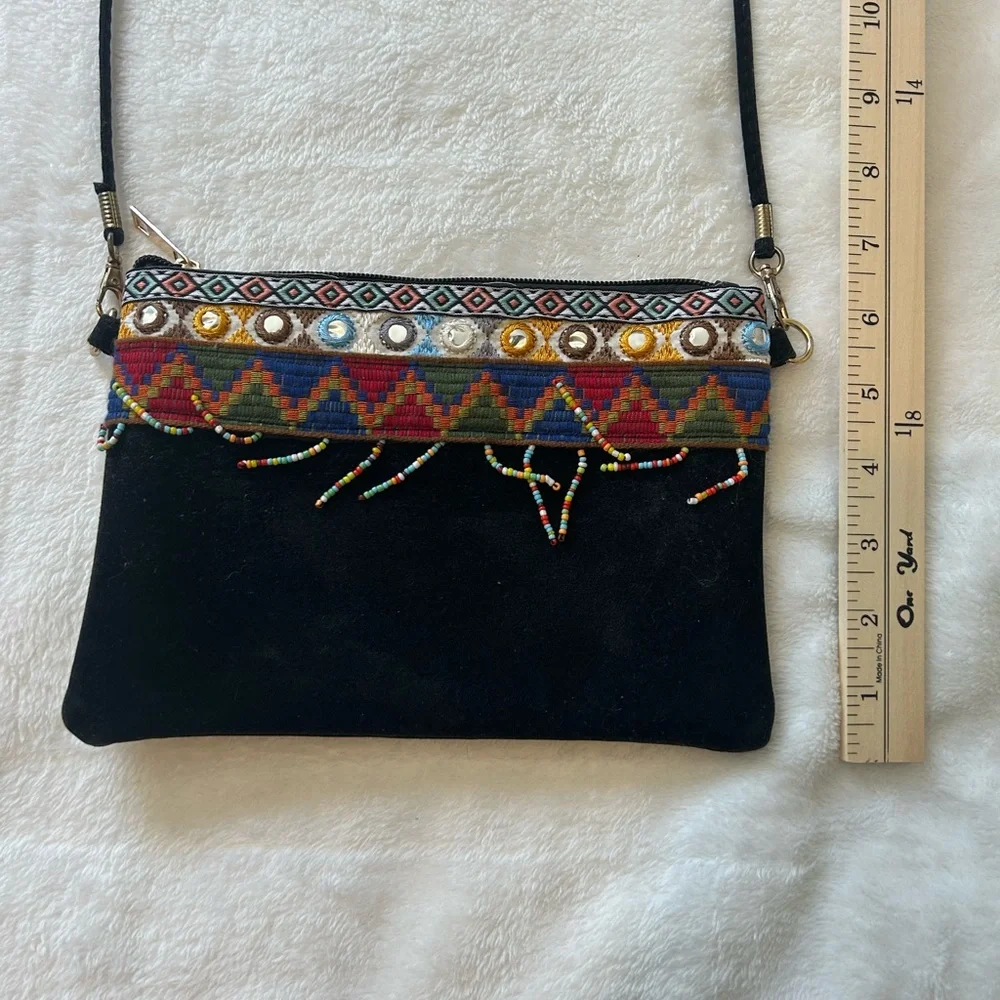 Boho Black Suede Crossbody Bag with Multicolor Beaded Trim - Picture 6 of 14